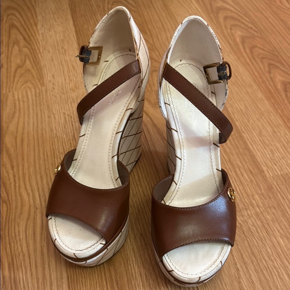 Louis Vuitton Brown and Cream Wedge Sandals
